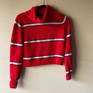 Red and White Striped Fuzzy Cropped Turtleneck Sweater